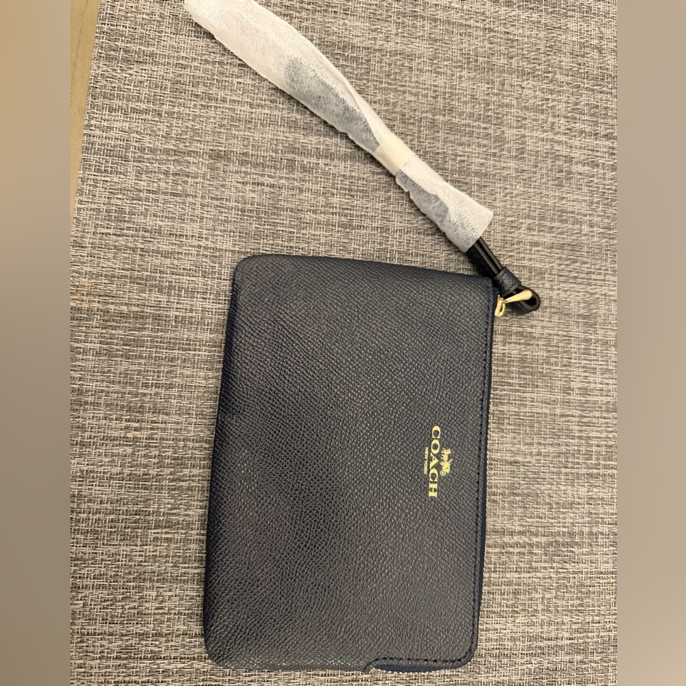 Coach Navy Leather Wristlet with Gold Logo